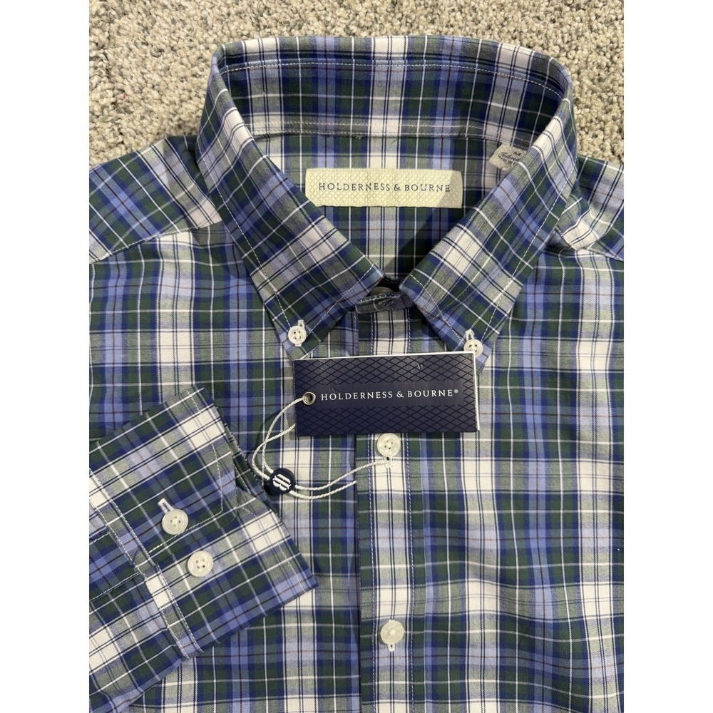 Holderness & Bourne The Andrews Shirt Mens MEDIUM Tailored Fit Check $168 SAGE‎
